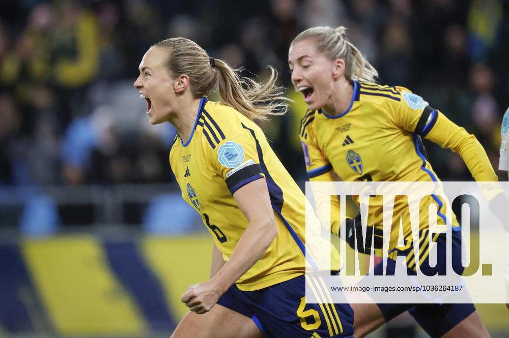 GÖTEBORG 20231027 Swedens Magdalena Eriksson 6 celebrates with Linda Sembrant after scoring a goal during Fridays Nations League, womens, division A, group 4 soccer match between Sweden and Switzerland at Gamla Ullevi GÖTEBORG SVERIGE