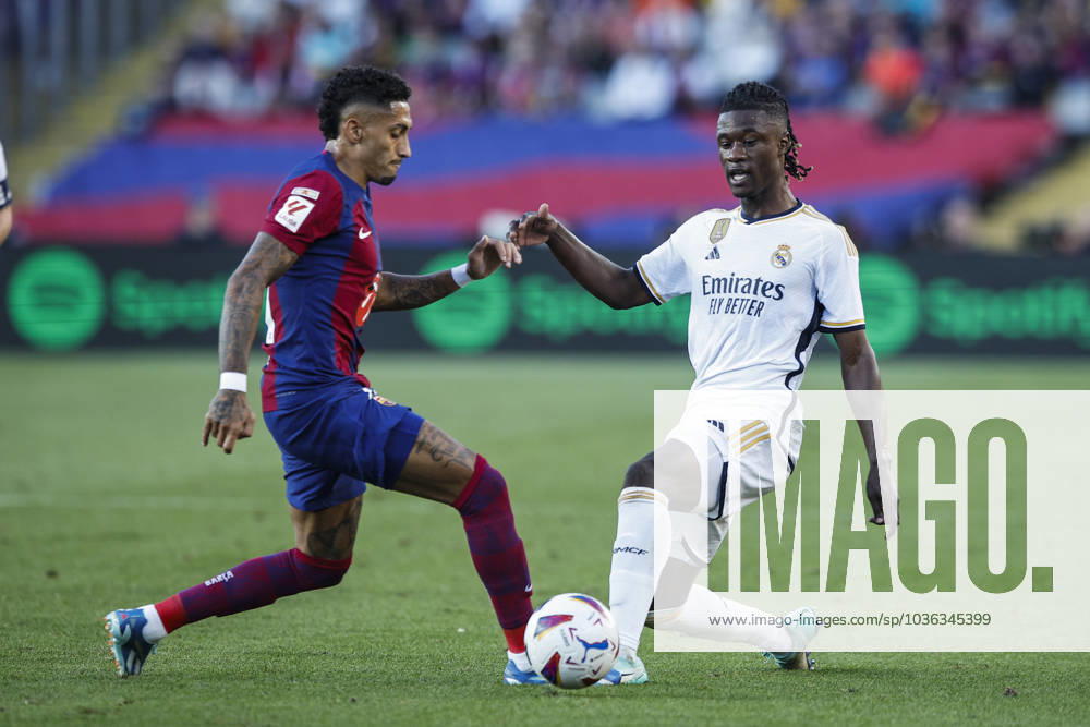 FC Barcelona, Barca Vs Real Madrid - La Liga 11 Raphinha of FC Barcelona fight for the ball against 12 Eduardo Camavinga of Real Madrid during the La Liga el clasico match between FC Barcelona v Real Madrid at Estadi Olimpic Lluis Companys in Barcelona, Spain, on October 28th, 2023. Barcelona Catalonia Spain