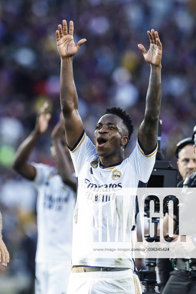 FC Barcelona, Barca Vs Real Madrid - La Liga 07 Vinicius Jr. of Real Madrid celebrates the victory during the La Liga el clasico match between FC Barcelona v Real Madrid at Estadi Olimpic Lluis Companys in Barcelona, Spain, on October 28th, 2023. Barcelona Catalonia Spain
