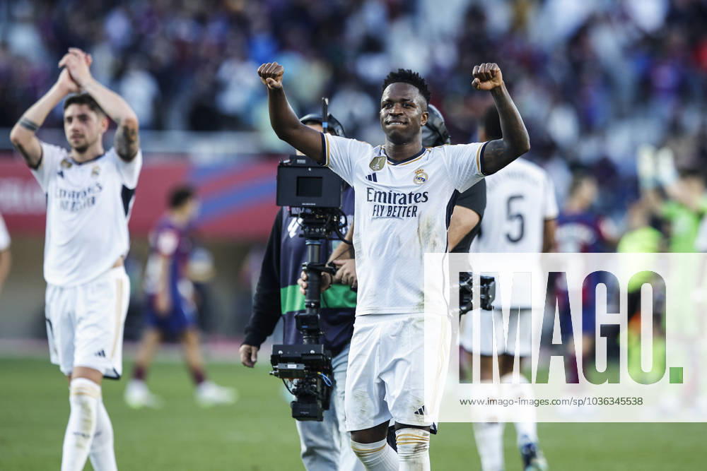 FC Barcelona, Barca Vs Real Madrid - La Liga 07 Vinicius Jr. of Real Madrid celebrates the victory during the La Liga el clasico match between FC Barcelona v Real Madrid at Estadi Olimpic Lluis Companys in Barcelona, Spain, on October 28th, 2023. Barcelona Catalonia Spain