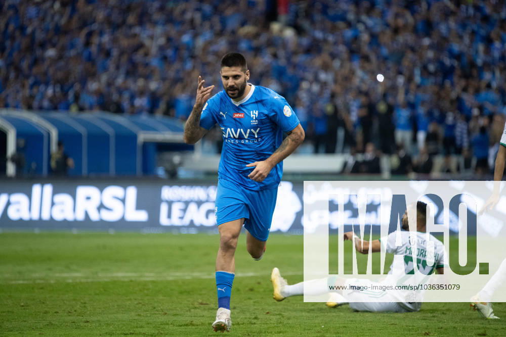SAFF Roshn Saudi Pro League 2023-24 MD11 Aleksandar Mitrovic of Al-Hilal SFC celebrates after scoring a goal during the Match Day 11 of the SAFF Roshn Saudi Pro League 2023-24 between Al-Hilal SFC vs Al-Ahli SFC at King Fahd International Stadium on October 27, 2023 in Riyadh, Saudi Arabia. Riyadh King Fahd International Stadium Saudi Arabia