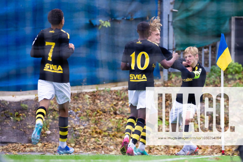 AIKs Sixten Gustafsson celebrates after 1 1 during the P16 Allsvenskan championship final between AIK and Brommapojkarna on October 29, 2023 in Stockholm.