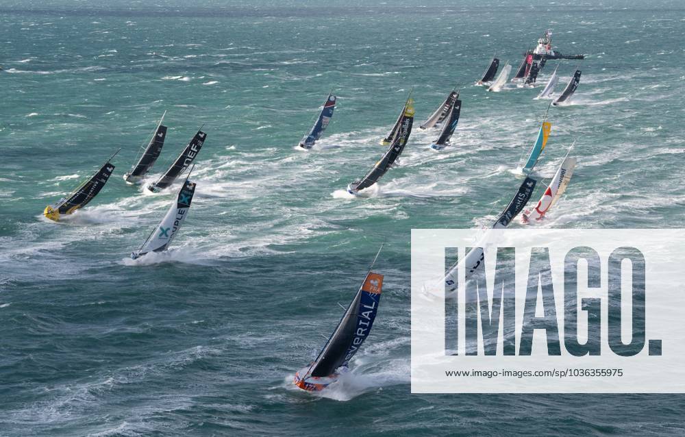 KW43 TRANSAT JACQUES VABRE 2023 PHOTOPQR OUEST FRANCE DAVID ADEMAS OUEST-FRANCE ; LE HAVRE ; 29 10 2023 ; Départ de la 16 ème édition de la Transat Jacques Vabre Normandie Le Havre ce dimanche 29 octobre 2023 . Ici sur la photo , le éépart des bateaux de la flotte de s class 40 . PHOTO : DAVID ADEMAS OUEST-FRANCE Ths start of the Imoca 40 ships in the Transat Jacques-Vabre was delayed due to heavy weather, but the departure of the 55 boats of other classes Ultim, Ocean Fifty and Class40 has been maintained. LE HAVRE France