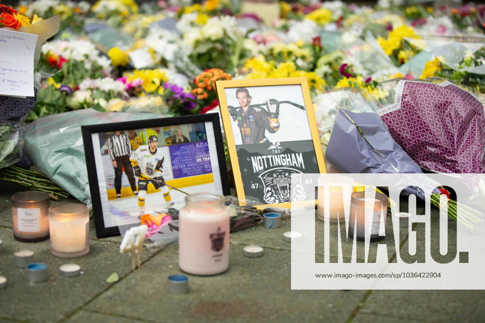 KW44 Bilder des Jahres 2023, Sport 10 Oktober October 30, 2023, Nottingham, United Kingdom: A memorial for Ice hockey, Eishockey player Adam Johnson outside the Motorpoint Arena in Nottingham, home of the Nottingham Panthers. The former Pittsburgh Penguin and current Nottingham Panther was involved in a fatal on ice incident during their game with Sheffield Steelers on Saturday 28th October 2023 Nottingham United Kingdom - ZUMAs197 0311414802st