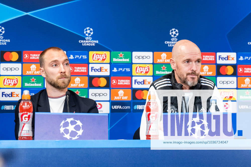 Manchester United, ManU press conference, PK, Pressekonferenz ahead of UEFA Champions League in Copenhagen, Denmark Copenhagen, Denmark. 07th, November 2023. Head coach Erik ten Hag (R) of Manchester United seen with Christian Eriksen (L) during a press conference ahaed of the UEFA Champions League match between FC Copenhagen and Manchester United at Parken in Copenhagen. Copenhagen Denmark