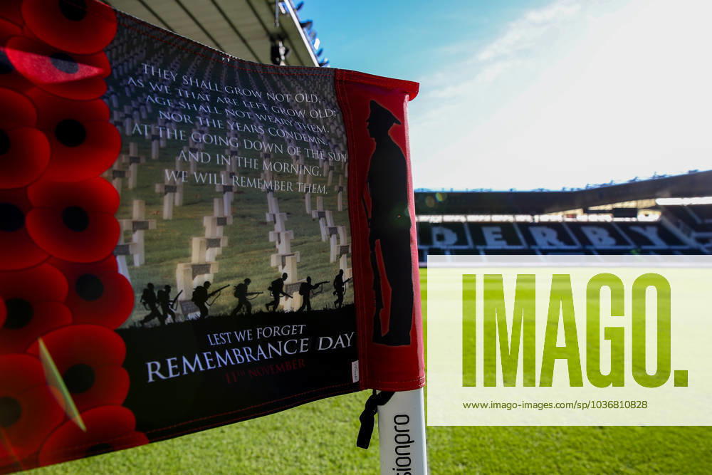 Derby County v Barnsley EFL Sky Bet League 1 11 11 2023. A general view inside Pride Park Stadium Remembrance Day corner flag corner flag during the EFL Sky Bet League 1 match between Derby County and Barnsley at the Pride Park, Derby, England on 11 November 2023. Editorial use only DataCo restrictions apply See www.football-dataco.com ,