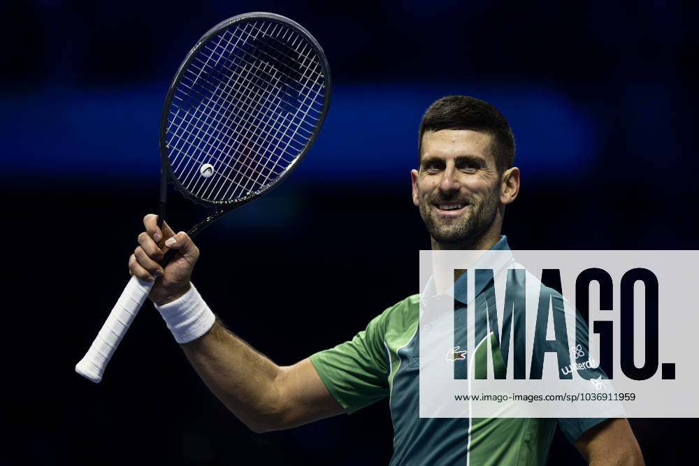 Nitto ATP, Tennis Herren Finals - Day One Novak Djokovic of Serbia celebrates at the end of the round robin singles match against Holger Rune of Denmark during day one of the Nitto ATP Finals. Novak Djokovic won 7-6(4), 6-7(1), 6-3. Turin Italy