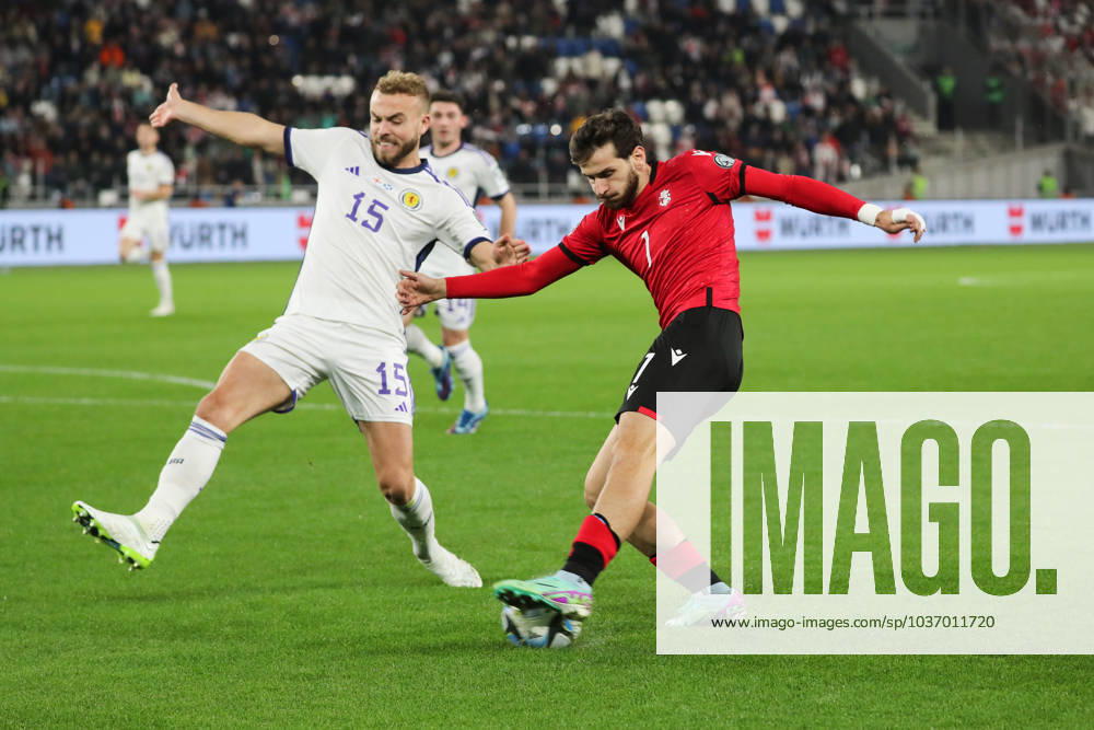 Khvicha Kvaratskhelia of Georgia against Ryan Porteous of Scotland during the UEFA European Championship, EM, Europameisterschaft Qualifying match between Georgia and Scotland at the The Boris Paitchadze Dinamo Arena on November 16, 2023 in Tbilisi, Georgia. Tbilisi Boris Paitchadze Dinamo Arena, Akaki Tsereteli Avenue, Didube District, Tbilisi, 0112, Georgia Georgia