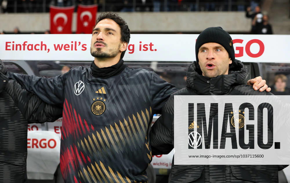 Germany Turkey 18 11 2023 Berlin, 18 11 2023, Football, Olympiastadion, International match , Germany GER vs Turkey TUR 2 3 1 2 , In the picture from left Mats Hummels 5, D , Thomas Müller Mueller 13, D , For editorial use only , According to the regulations of the DFB German Football Association, it is prohibited to use or have used photographs taken in the stadium and or from the match in the form of sequential images and or video-like photo series,