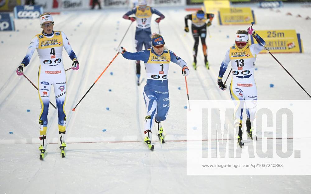 KW47 Frida Karlsson (4) and Linn Svahn (13) of Sweden and Jasmi Joensuu (C) of Finland during women s cross-country skiing classic style sprint semi-finals at the FIS World Cup Ruka Nordic Opening event in Kuusamo, Finland, on November 24, 2023. Kuusamo Finland LKFTJK20231124144230DDUT