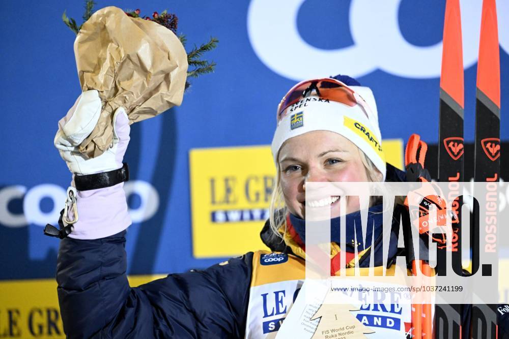 KW47 Winner Emma Ribom of Sweden celebrates on podium after women s cross-country skiing classic style sprint final at the FIS World Cup Ruka Nordic Opening event in Kuusamo, Finland, on November 24, 2023. Kuusamo Finland LKFTJK20231124152616BOKX