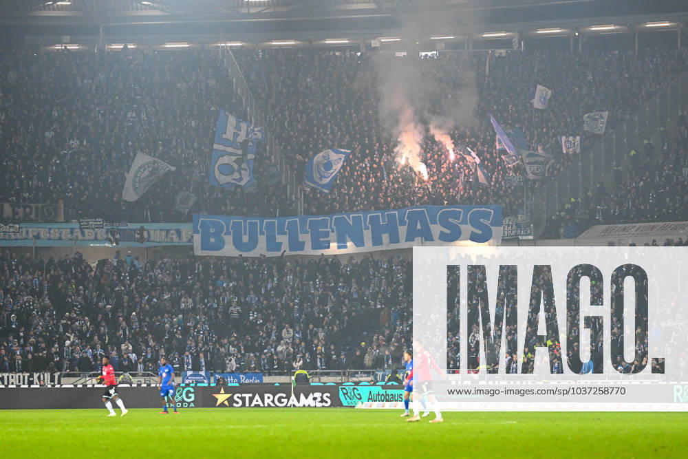 2 Bundesliga Hannover 06 Hertha BSC Berlin on 24 11 2023 at the HDI Arena in Hannover Bengal fire and a banner with BULLENHASS MT