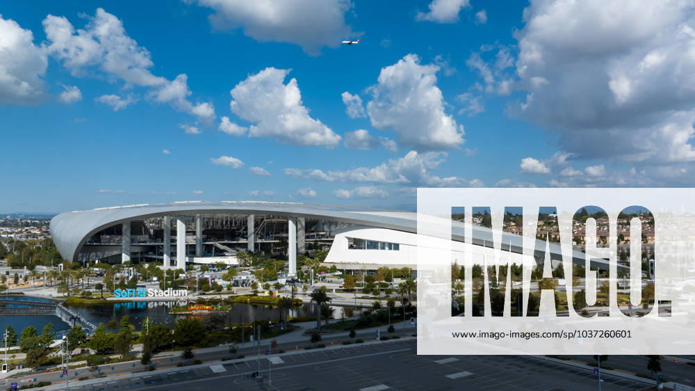 INGLEWOOD, CALIFORNIA - NOVEMBER 24: Aerial view of the SoFi Stadium, which will host the main opening ceremony of 2028 Summer Olympics, on November 24, 2023 in Inglewood, California.
