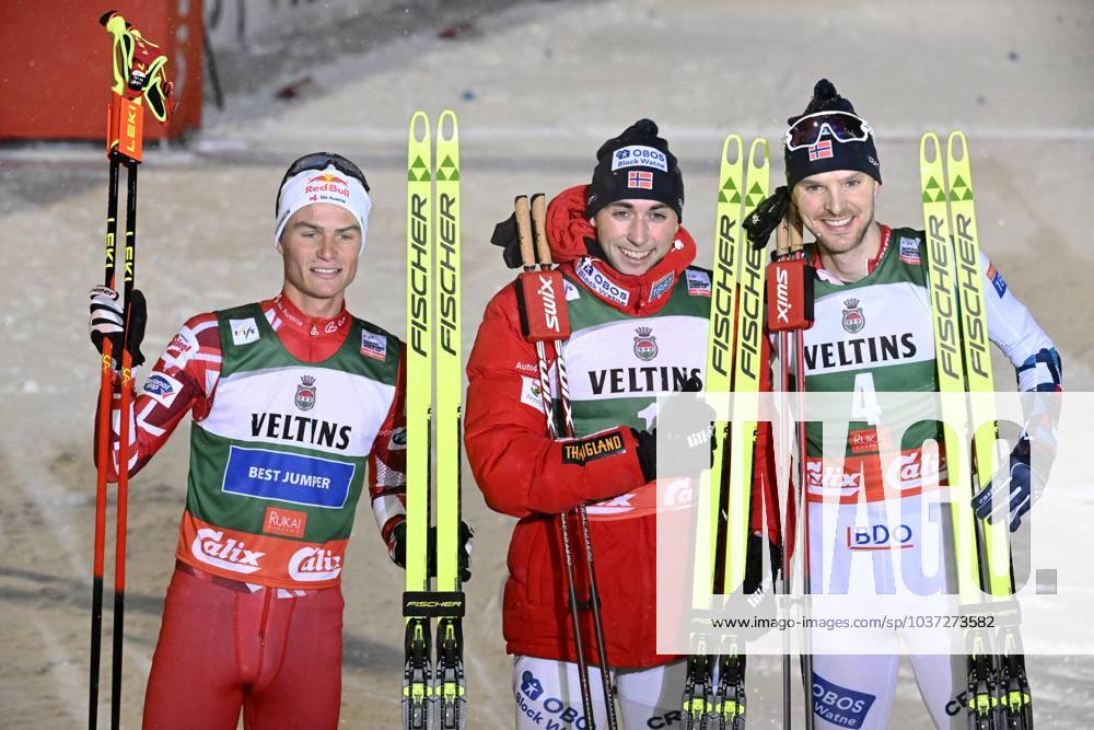 KW47 Second placed Johannes Lampater of Austria, winner Jarl Magnus Riiber of Norway and third placed Jörgen Graabak of Norway pose after men s Nordic Combined 10km Individual Gundersen cross-country skiing competition at the FIS World Cup Ruka Nordic Opening event in Kuusamo, Finland, on November 25, 2023. Kuusamo Finland LKFTJK20231125154714DJRH