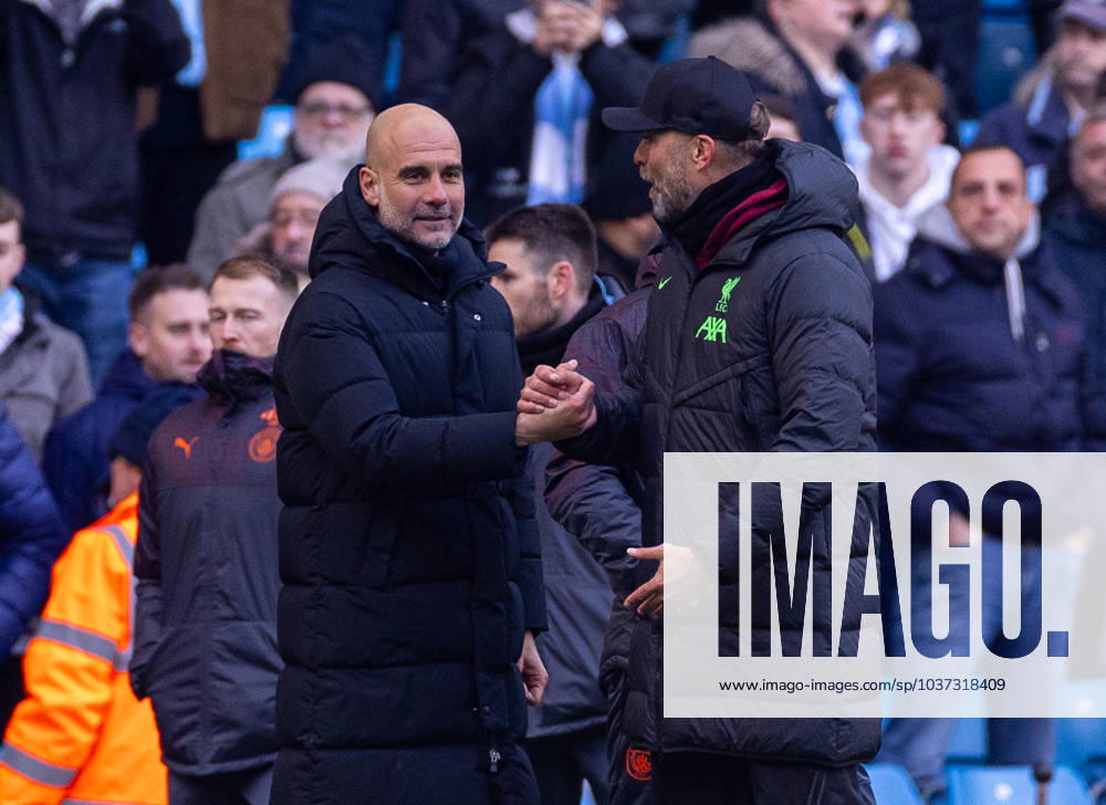 (231126) -- MANCHESTER, Nov. 26, 2023 -- Manchester City s manager Pep Guardiola (L) speaks with Liverpool s manager Jurgen Klopp after the English Premier League match between Manchester City and Liverpool in Manchester, Britain, on Nov. 25, 2023. FOR . NOT FOR SALE FOR MARKETING OR ADVERTISING CAMPAIGNS. NO USE WITH UNAUTHORIZED AUDIO, VIDEO, DATA, FIXTURE LISTS, CLUB LEAGUE LOGOS OR LIVE SERVICES. ONLINE IN-MATCH USE LIMITED TO 45 IMAGES, NO VIDEO EMULATION. NO USE IN BETTING, GAMES OR SINGLE CLUB LEAGUE PLAYER PUBLICATIONS. (SP)BRITAIN-MANCHESTER-FOOTBALL-PREMIER LEAGUE LixYing