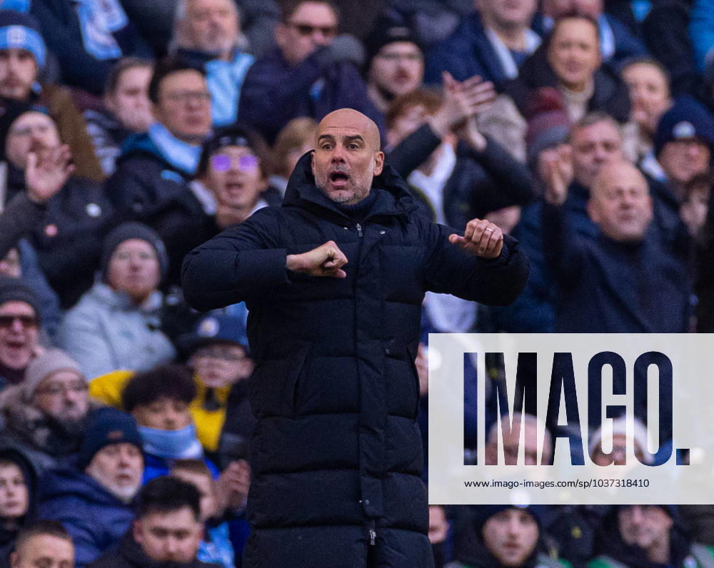 (231126) -- MANCHESTER, Nov. 26, 2023 -- Manchester City s manager Pep Guardiola reacts during the English Premier League match between Manchester City and Liverpool in Manchester, Britain, on Nov. 25, 2023. FOR . NOT FOR SALE FOR MARKETING OR ADVERTISING CAMPAIGNS. NO USE WITH UNAUTHORIZED AUDIO, VIDEO, DATA, FIXTURE LISTS, CLUB LEAGUE LOGOS OR LIVE SERVICES. ONLINE IN-MATCH USE LIMITED TO 45 IMAGES, NO VIDEO EMULATION. NO USE IN BETTING, GAMES OR SINGLE CLUB LEAGUE PLAYER PUBLICATIONS. (SP)BRITAIN-MANCHESTER-FOOTBALL-PREMIER LEAGUE LixYing
