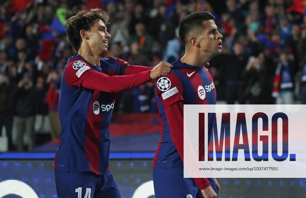 FC Barcelona, Barca v FC Porto: Group H - UEFA Champions League 2023 24 Joao Cancelo and Joao Felix are celebrating a goal during the match between FC Barcelona and FC Porto for week 5 of the group stage of the UEFA Champions League, played at the Olympic Stadium Lluis Companys in Barcelona, Spain, on November 28, 2023. Barcelona Barcelona Spain