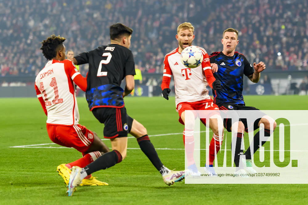 GER, UEFA CL, FC Bayern Muenchen GER vs FC Copenhagen DNK 29 11 2023, Allianz Arena, Muenchen, GER, UEFA CL, FC Bayern Muenchen GER vs FC Copenhagen DNK , Group A, UEFA regulations prohibit any use of photographs as image sequences and or quasi video, in the picture Kingsley Coman FC Bayern 11 Kevin Diks FC Copenhagen 2 Konrad Laimer FC Bayern 27 and Lukas Lerager FC Copenhagen 12 in duel against nordphotoxGmbHx xStraubmeier nph00004