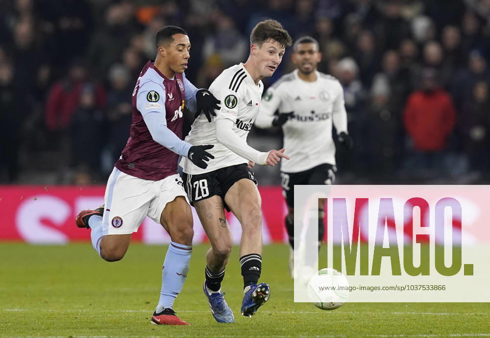 Birmingham, England, 30th November 2023. Marc Gual of Legia Warsaw (R) is challenged by Youri Tielemans of Aston Villa during the UEFA Europa Conference League match at Villa Park, Birmingham. Picture credit should read: Andrew Yates Sportimage . SPI-2764-0019
