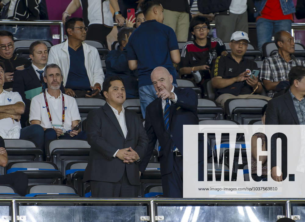 Football U 17 World Cup 2023, Final Germany France, at Manahan Stadium Surakarta re FIFA President Gianni Infantino in the stands with Erick Thohir li, Indonesian Football Association President