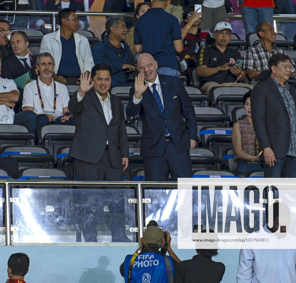 Football U 17 World Cup 2023, Final Germany France, at Manahan Stadium Surakarta re FIFA President Gianni Infantino in the stands with Erick Thohir li, Indonesian Football Association President
