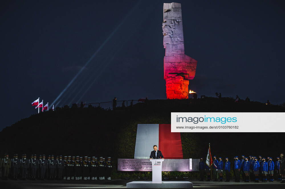 Anniversary of the outbreak of the World War II in Westerplatte A ceremony marking the 81th anniversary of the outbreak of World War II, at the Monument to the Defenders of Westerplatte held on September 01, 2020 in Westerplatte Gdansk, Poland. The World War II began when the German Navy destroyer Schleswig-Holstein fired on the Westerplatte fortifications at 04:45am on 01 September 1939. EN_01443741_0215