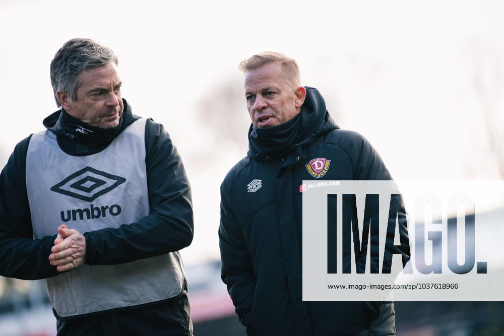 Athletics and conditioning coach Matthias Grahe and head coach Markus Anfang SC Verl SG Dynamo Dresden Football 3 League Season 2023 2024 17 Matchday Sportclub Arena Verl 03 December 2023