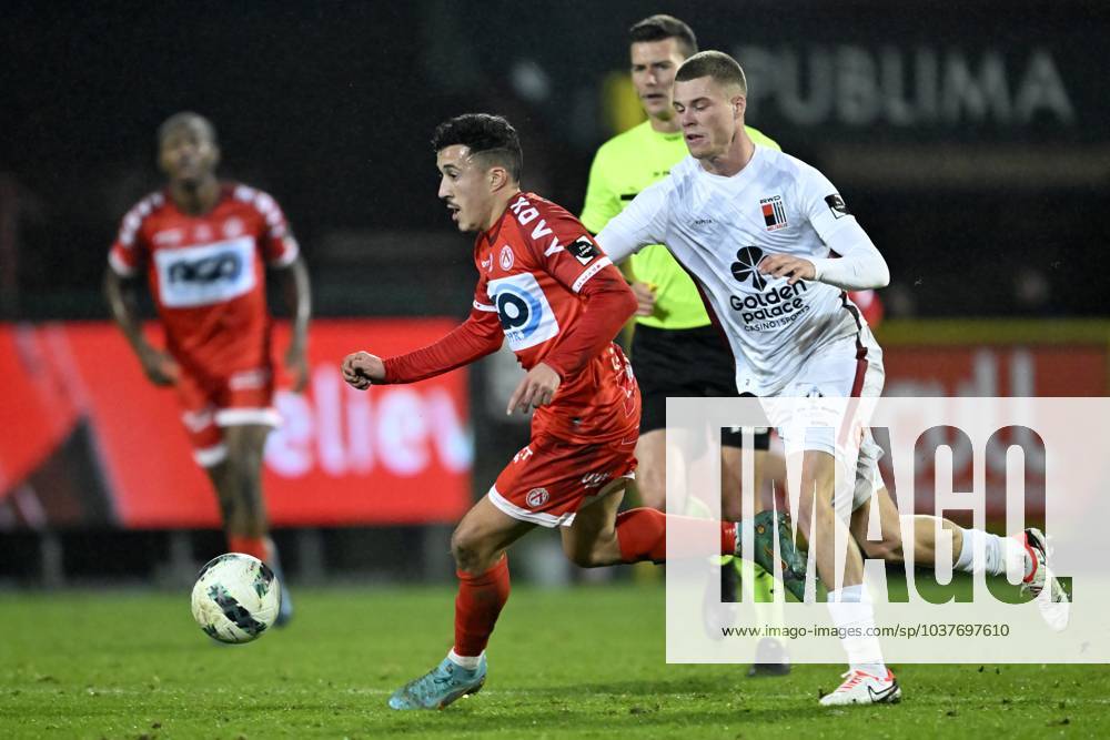 KV Kortrijk v RWDM - Belgian Croky Cup KORTRIJK, BELGIUM - DECEMBER 05 : Kadri Abdelkahar midfielder of KV Kortrijk and Gece Theo midfielder of RWDM during the Belgian Croky Cup round of sixteen match between KV Kortrijk and RWDM in the Guldensporen stadium on December 5, 2023 in Kortrijk, Belgium, 05 12 2023 Kortrijk Belgium