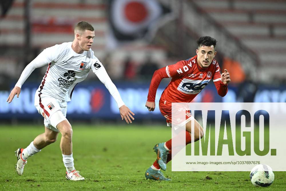 KV Kortrijk v RWDM - Belgian Croky Cup KORTRIJK, BELGIUM - DECEMBER 05 : Kadri Abdelkahar midfielder of KV Kortrijk and Gece Theo midfielder of RWDM during the Belgian Croky Cup round of sixteen match between KV Kortrijk and RWDM in the Guldensporen stadium on December 5, 2023 in Kortrijk, Belgium, 05 12 2023 Kortrijk Belgium