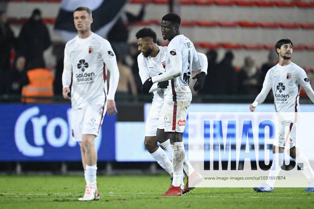 KV Kortrijk v RWDM - Belgian Croky Cup KORTRIJK, BELGIUM - DECEMBER 05 : Reine-Adelaide Jeff midfielder of RWDM celebrates scoring a goal with Gueye Makhtar forward of RWDM during the Belgian Croky Cup round of sixteen match between KV Kortrijk and RWDM in the Guldensporen stadium on December 5, 2023 in Kortrijk, Belgium, 05 12 2023 Kortrijk Belgium