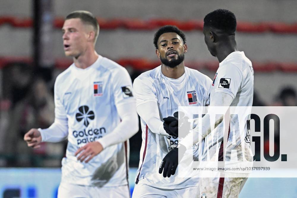 KV Kortrijk v RWDM - Belgian Croky Cup KORTRIJK, BELGIUM - DECEMBER 05 : Reine-Adelaide Jeff midfielder of RWDM celebrates scoring a goal with Gueye Makhtar forward of RWDM during the Belgian Croky Cup round of sixteen match between KV Kortrijk and RWDM in the Guldensporen stadium on December 5, 2023 in Kortrijk, Belgium, 05 12 2023 Kortrijk Belgium