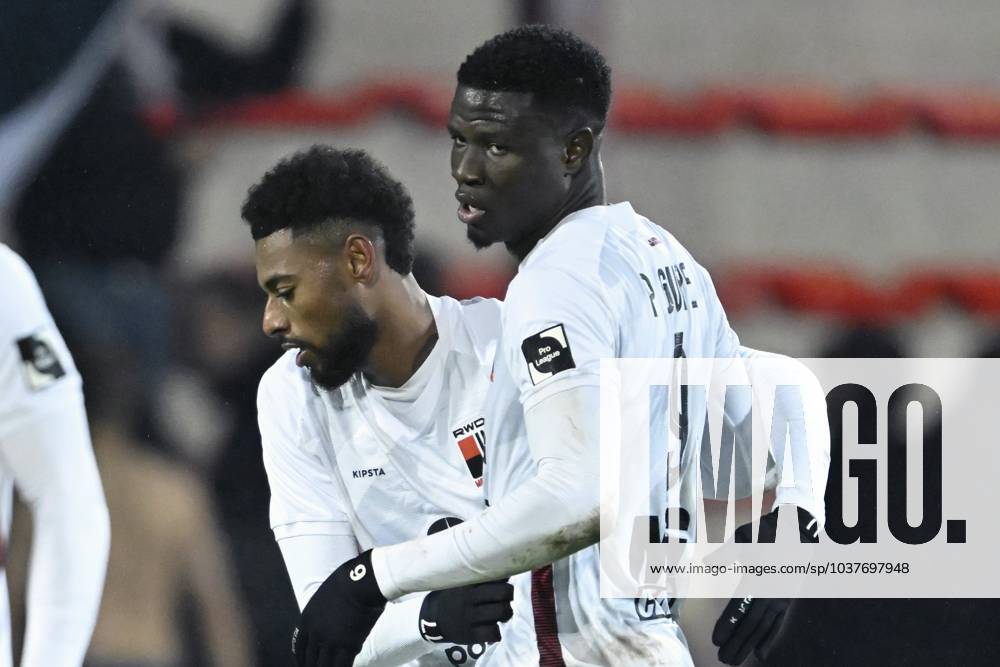 KV Kortrijk v RWDM - Belgian Croky Cup KORTRIJK, BELGIUM - DECEMBER 05 : Reine-Adelaide Jeff midfielder of RWDM celebrates scoring a goal with Gueye Makhtar forward of RWDM during the Belgian Croky Cup round of sixteen match between KV Kortrijk and RWDM in the Guldensporen stadium on December 5, 2023 in Kortrijk, Belgium, 05 12 2023 Kortrijk Belgium