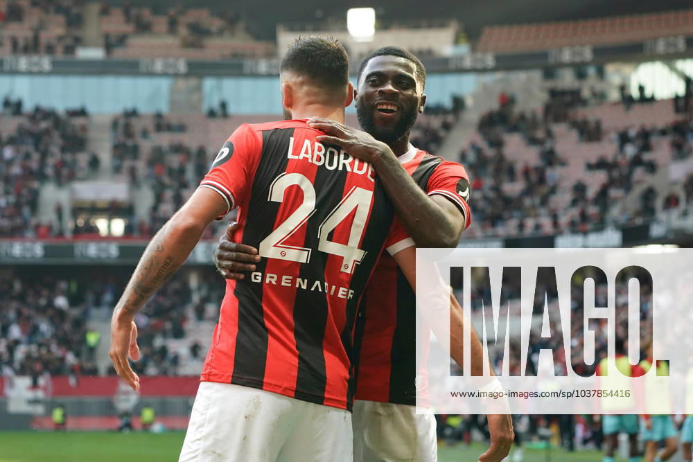 Joie - GaÃ«tan Laborde (OGC Nice) - JÃ rÃ mie Boga (OGC Nice) FOOTBALL : OGC Nice vs Stade de Reims - Ligue 1 Uber Eats - Nice - 10 12 2023 NorbertScanella Panoramic