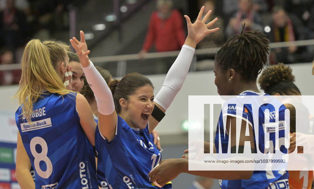 Stuttgart celebrates after the victory, left Monique Strubbe, center Ivana Vanjak, right, Krystal Rivers, Dresdner SC MTV Allianz Stuttgart 1 3, Volleyball, DVV Cup, semi-final, Dresden Germany