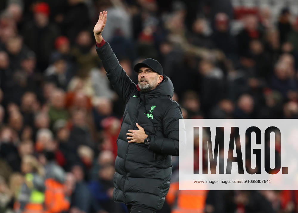 Liverpool, England, 23rd December 2023. Jurgen Klopp manager of Liverpool waves to the crowd during the Premier League match at Anfield, Liverpool. Picture credit should read: Darren Staples Sportimage . SPI-2829-0070