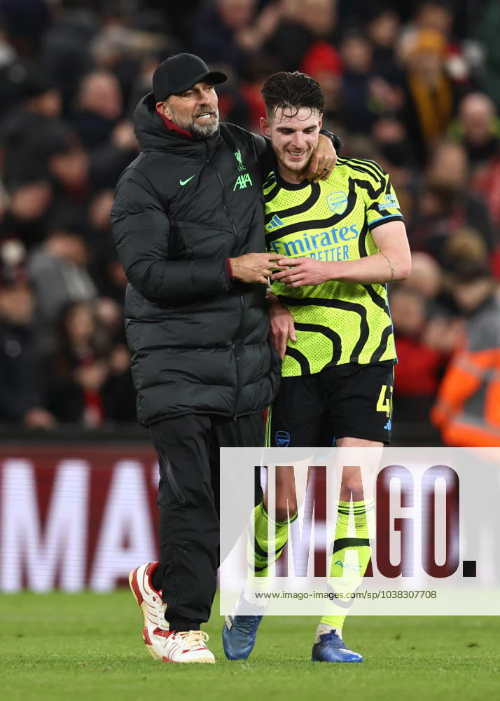 Liverpool, England, 23rd December 2023. Jurgen Klopp manager of Liverpool hugs Declan Rice of Arsenal during the Premier League match at Anfield, Liverpool. Picture credit should read: Darren Staples Sportimage . SPI-2829-0072