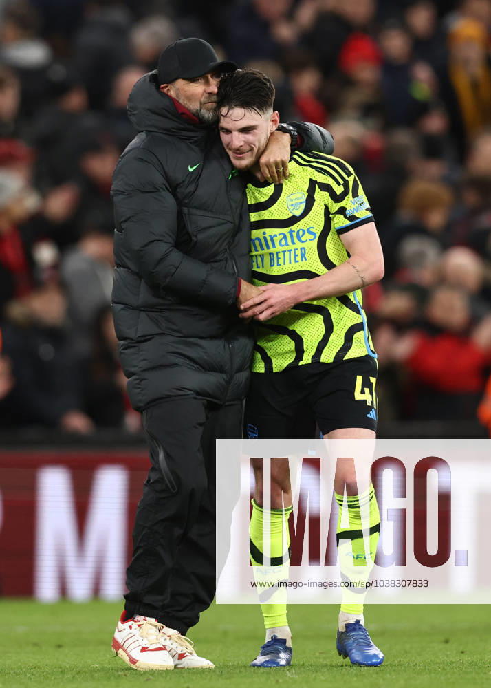 Liverpool, England, 23rd December 2023. Jurgen Klopp manager of Liverpool hugs Declan Rice of Arsenal during the Premier League match at Anfield, Liverpool. Picture credit should read: Darren Staples Sportimage . SPI-2829-0074
