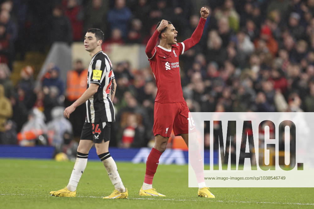 Football - 2023 2024 Premier League - Liverpool vs Newcastle United - Anfield - Monday 1st January 2024. Cody Gakpo of Liverpool scores the 3rd goal and celebrates
