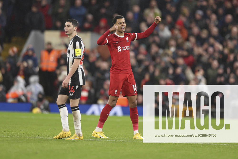 Football - 2023 2024 Premier League - Liverpool vs Newcastle United - Anfield - Monday 1st January 2024. Cody Gakpo of Liverpool scores the 3rd goal and celebrates