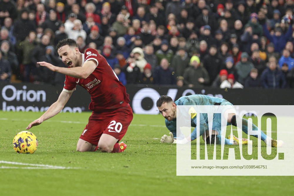 Football - 2023 2024 Premier League - Liverpool vs Newcastle United - Anfield - Monday 1st January 2024. Diogo Jota of Liverpool is fouled by Martin Dubravka of Newcastle United for a penalty