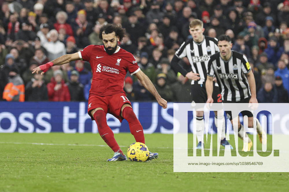 Football - 2023 2024 Premier League - Liverpool vs Newcastle United - Anfield - Monday 1st January 2024. Mohamed Salah of Liverpool scoring the 4th goal