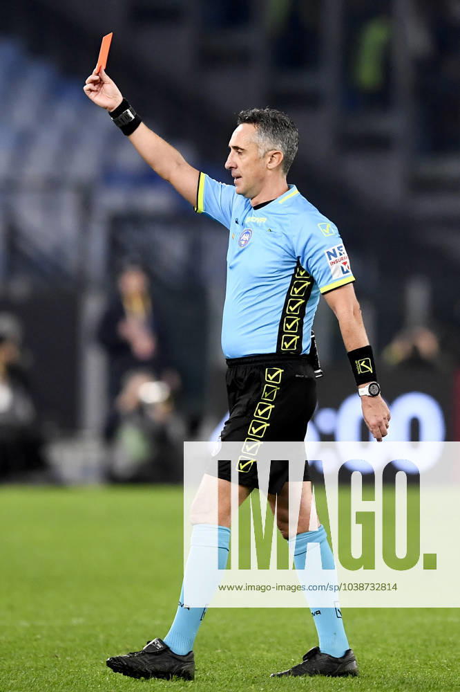 Referee Gianluca Aureliano shows a red card to Jose Mourinho coach of AS Roma (not pictured) during the Serie A football match between AS Roma and Atalanta BC at Olimpico stadium in Rome (Italy), January 7th, 2024. AntoniettaxBaldassarre
