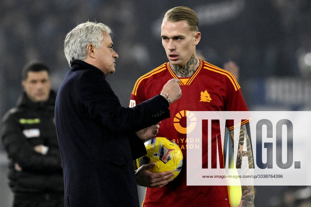 Jose Mourinho coach of AS Roma talks with Rick Karsdorp during the Italy cup football match between SS Lazio and AS Roma at Olimpico stadium in Rome (Italy), January 10th, 2024. AndreaxStaccioli