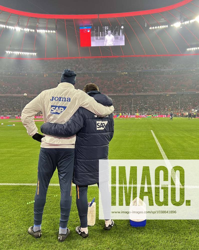 Soccer 1 Bundesliga 2023 2024, Matchday 17, FC Bayern Munich TSG Hoffenheim, in the Allianz Arena Munich A film about Franz Beckenbauer is shown above, the two Hoffenheim players take a close look at it, DFL and DFB regulations prohibit any use of photographs as image sequences and or quasi video