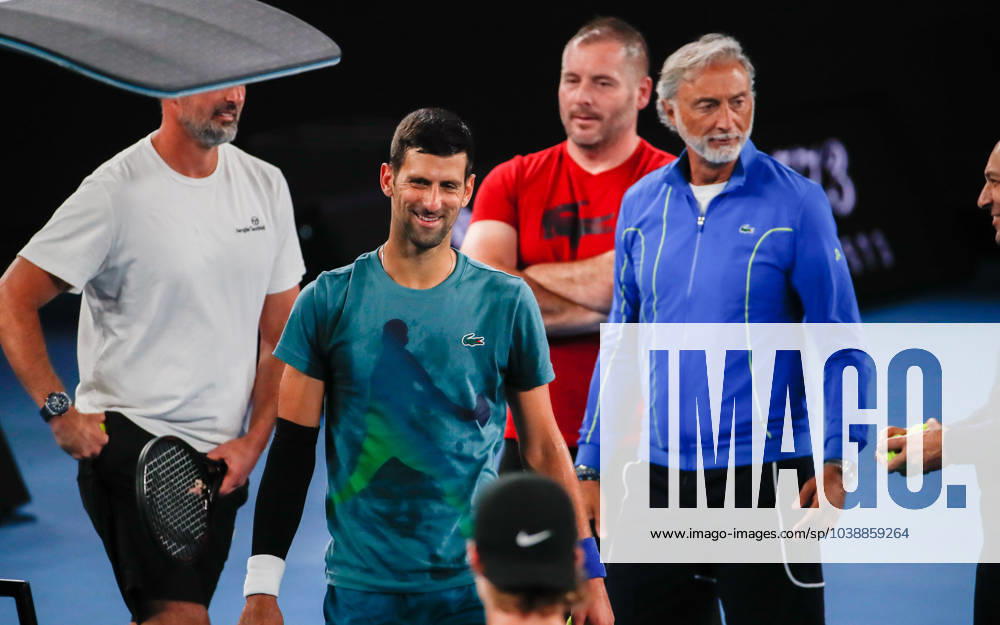 (240113) -- MELBOURNE, Jan. 13, 2024 -- Novak Djokovic (2nd L) of Serbia takes part in a training session ahead of the 2024 Australian Open tennis tournament, in Melbourne, Australia, Jan. 13, 2024. (Photo by Xinhua) (SP)AUSTRALIA-MELBOURNE-TENNIS-AUSTRALIAN OPEN-TRAINING HuxJingchen