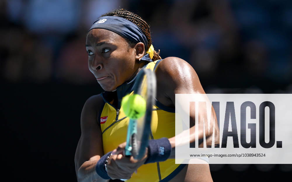 TENNIS AUSTRALIAN OPEN, Coco Gauff of the USA returns during her first round match against Anna Karolina Schmiedlova of Slovakia on Day 2 of the 2024 Australian Open at Melbourne Park in Melbourne, Monday, January 15, 2024. ( NO ARCHIVING, , NO USE IN BOOKS WITHOUT CONSENT MELBOURNE VICTORIA AUSTRALIA