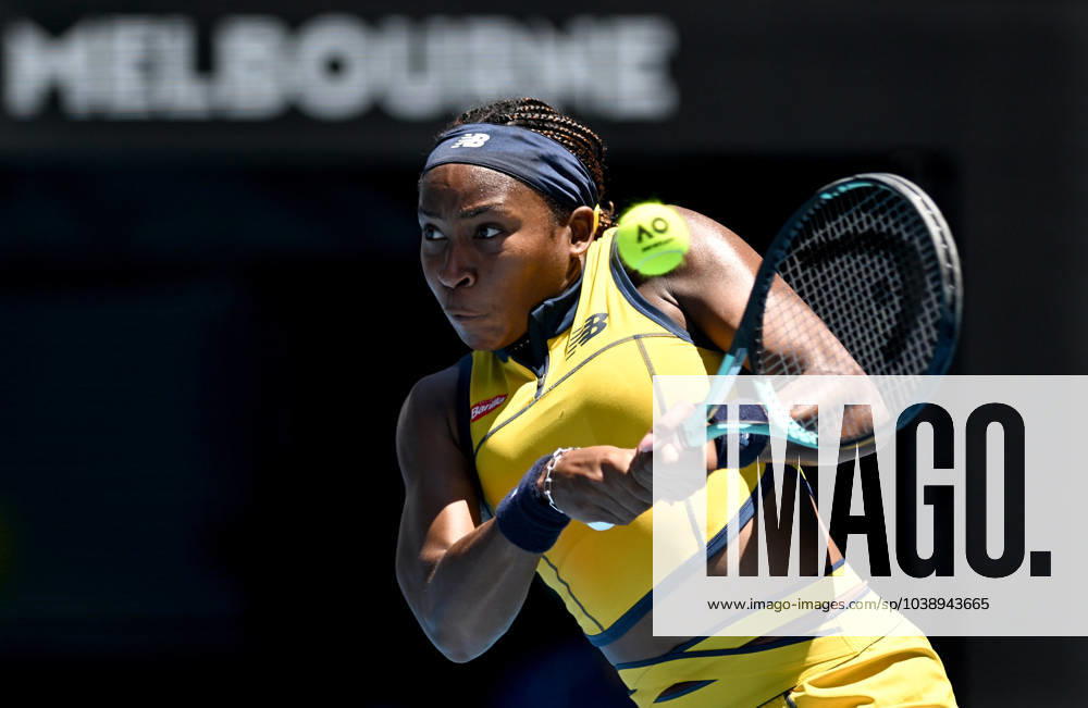 TENNIS AUSTRALIAN OPEN, Coco Gauff of the USA returns during her first round match against Anna Karolina Schmiedlova of Slovakia on Day 2 of the 2024 Australian Open at Melbourne Park in Melbourne, Monday, January 15, 2024. ( NO ARCHIVING, , NO USE IN BOOKS WITHOUT CONSENT MELBOURNE VICTORIA AUSTRALIA
