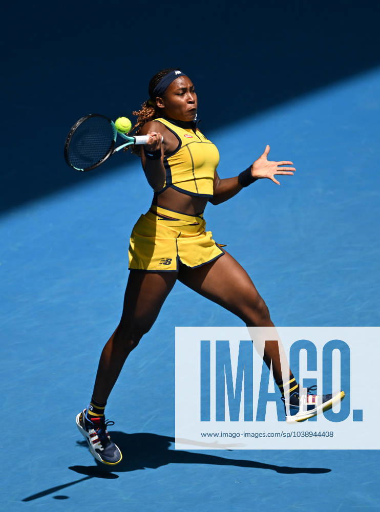 TENNIS AUSTRALIAN OPEN, Coco Gauff of the USA returns during her first round match against Anna Karolina Schmiedlova of Slovakia on Day 2 of the 2024 Australian Open at Melbourne Park in Melbourne, Monday, January 15, 2024. ( NO ARCHIVING, , NO USE IN BOOKS WITHOUT CONSENT MELBOURNE VICTORIA AUSTRALIA
