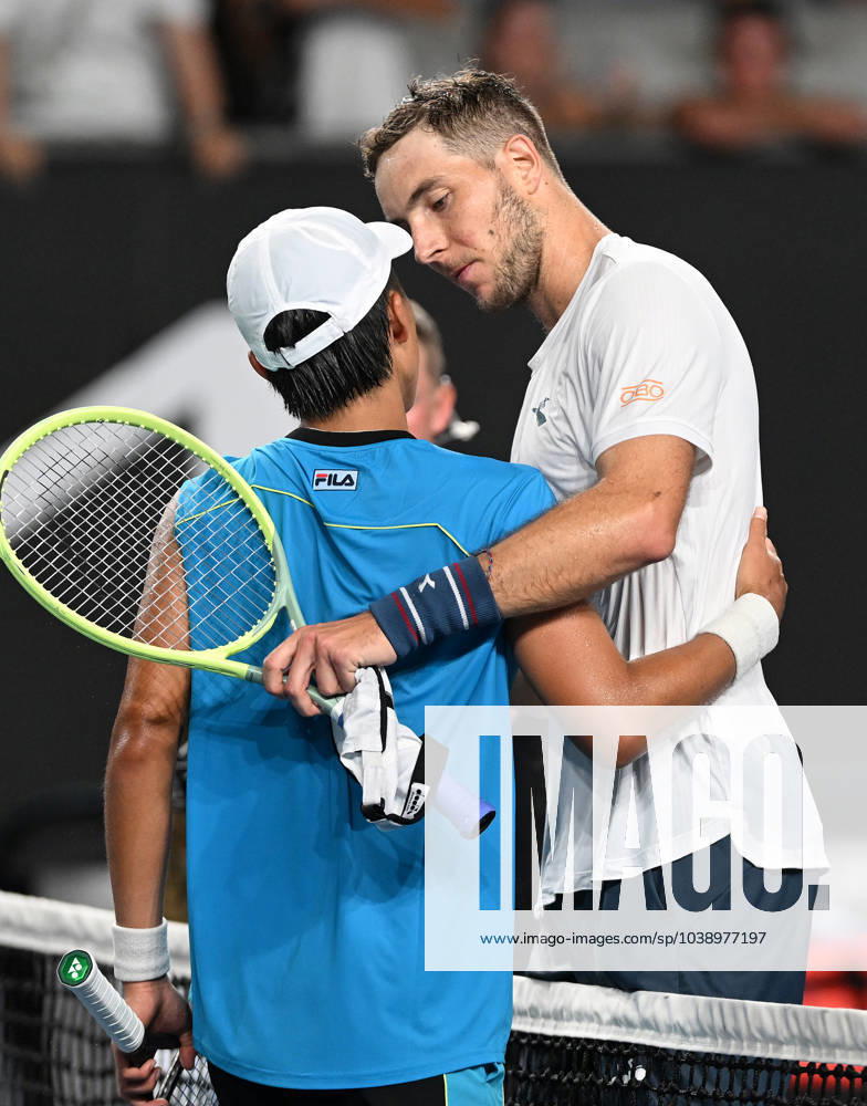 TENNIS AUSTRALIAN OPEN, Jan-Lennard Struff of Germany (right) reacts after winning his first round match against Rinky Hijikata of Australia on Day 2 of the 2024 Australian Open at Melbourne Park in Melbourne, Monday, January 15, 2024. ( NO ARCHIVING, , NO USE IN BOOKS WITHOUT CONSENT MELBOURNE VICTORIA AUSTRALIA