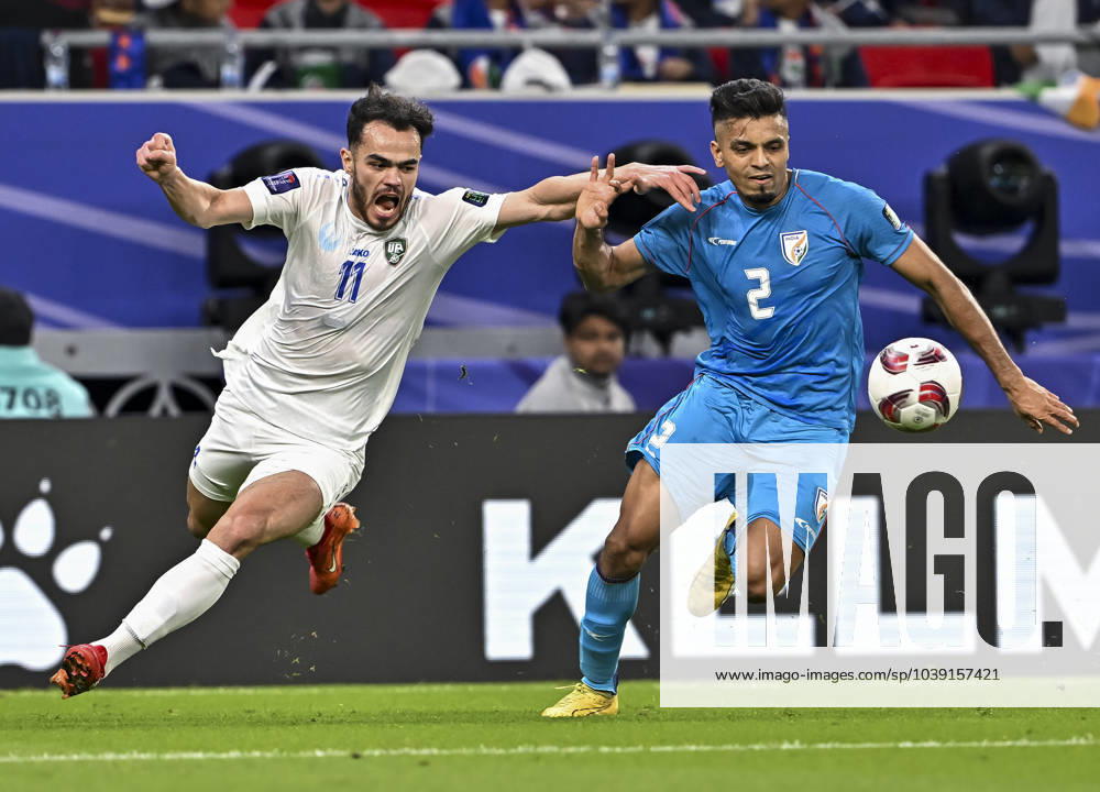 India v Uzbekistan: Group B - AFC Asian Cup Qatar 2023 Oston Urunov of Uzbekistan (left) is battling for the ball with Rahul Bheke of India during the AFC Asian Cup 2023 match between India and Uzbekistan at Ahmad Bin Ali Stadium in Al Rayyan, Qatar, on January 18, 2023. DOHA Qatar